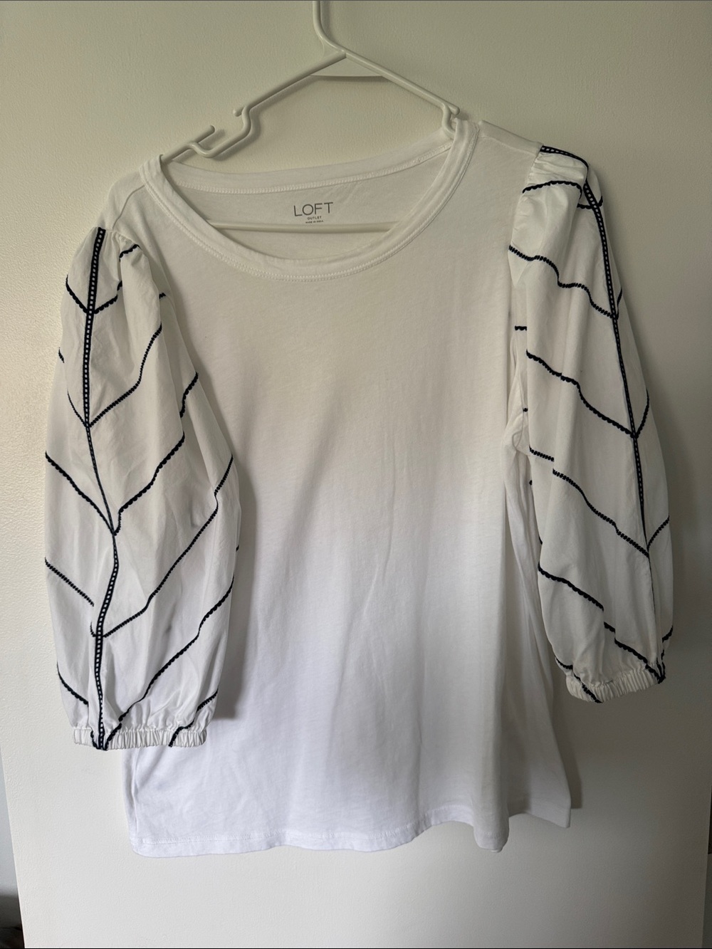 LOFT White Puff-Sleeve Top with Black Embroidered Detail
